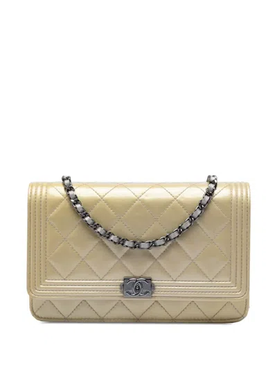 Pre-owned Chanel 2014-2015 Quilted Patent Boy Wallet On Chain Crossbody Bag In Neutral