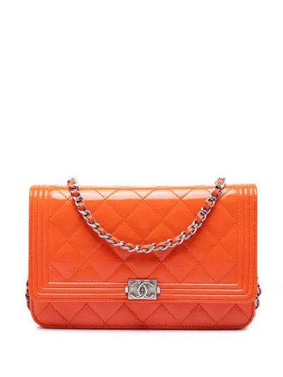 Pre-owned Chanel 2014-2015 Quilted Patent Boy Wallet On Chain Crossbody Bag In Orange