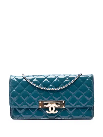 Pre-owned Chanel 2014-2015 Quilted Patent Golden Class East West Wallet On Chain Crossbody Bag In Blue