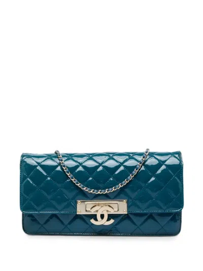 Pre-owned Chanel 2014-2015 Quilted Patent Golden Class East West Wallet On Chain Crossbody Bag In Blue