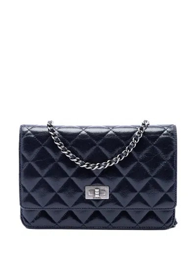 Pre-owned Chanel 2014-2015 Quilted Shiny Aged Calfskin Reissue 2.55 Wallet On Chain Crossbody Bag In Blue