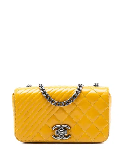 Pre-owned Chanel 2014-2015 Small Glazed Calfskin Coco Boy Flap Shoulder Bag In Yellow