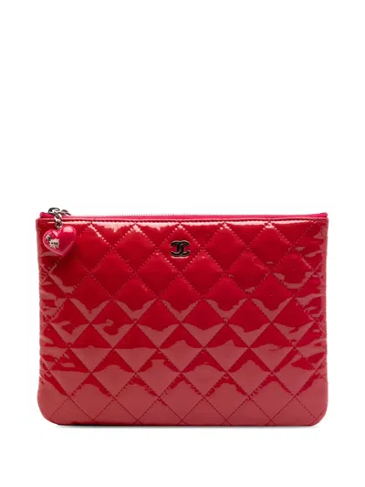 Pre-owned Chanel 2014-2015 Small Quilted Patent Valentine Hearts O Case Clutch Bag In Red