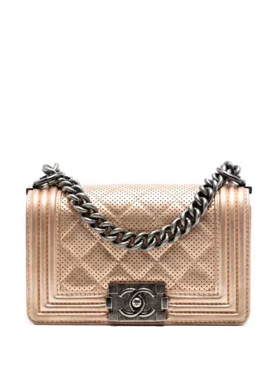 Pre-owned Chanel 2014-2015 Small Quilted Perforated Metallic Lambskin Boy Flap Crossbody Bag In Pink