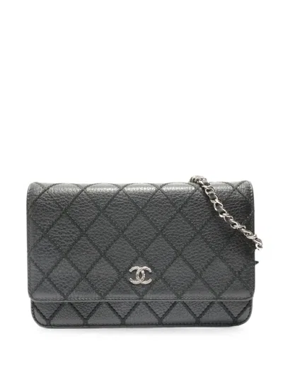 Pre-owned Chanel 2014-2015 Wallet On Chain Wild Stitch Shoulder Bag In Black