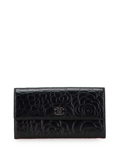 Pre-owned Chanel 2015-2016 Cc Embossed Calfskin Camellia Flap Wallet Long Wallets In Black