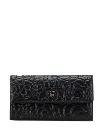 Pre-owned Chanel 2015-2016 Cc Lambskin Embossed Camellia Flap Wallet Long Wallets In Black