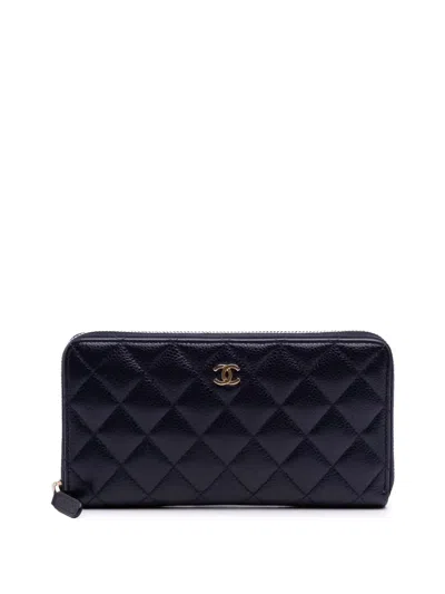 Pre-owned Chanel 2015-2016 Cc Quilted Caviar Zip Around Wallet Long Wallets In Blue