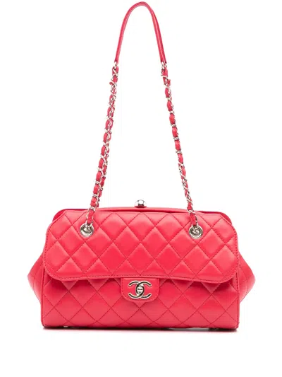 Pre-owned Chanel 2015-2016 Cc Quilted Lambskin Kisslock Frame Flap Tote Bag In Pink