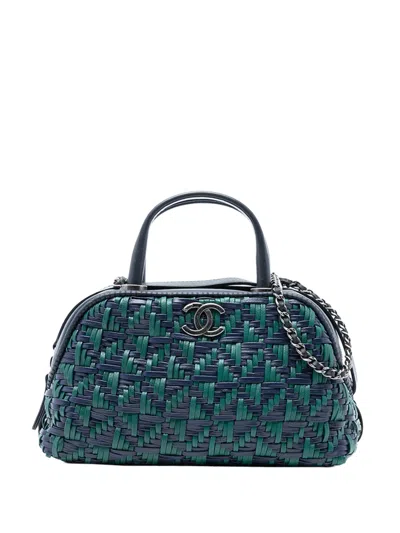 Pre-owned Chanel 2015-2016 Cc Woven Calfskin Bowling Bag Satchel In Blue