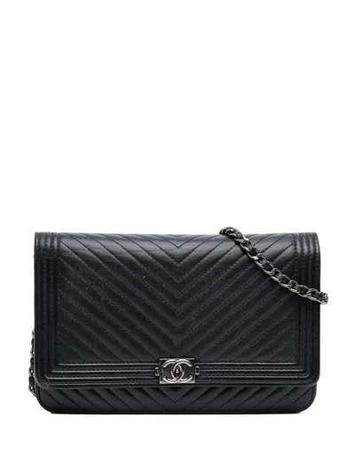 Pre-owned Chanel 2015-2016 Chevron Lambskin Boy Wallet On Chain Crossbody Bag In Black