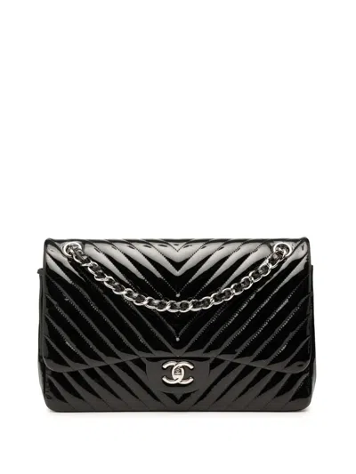 Pre-owned Chanel 2015-2016 Jumbo Classic Chevron Patent Double Flap Shoulder Bag In Black