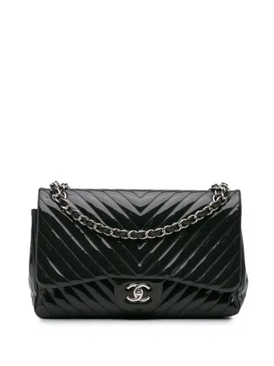 Pre-owned Chanel 2015-2016 Jumbo Classic Chevron Patent Double Flap Shoulder Bag In Blue