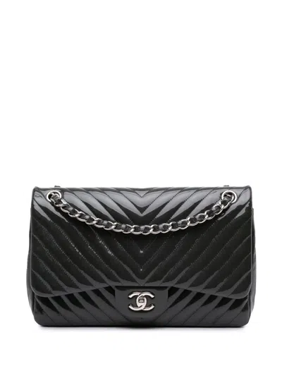 Pre-owned Chanel 2015-2016 Jumbo Classic Chevron Patent Double Flap Shoulder Bag In Blue
