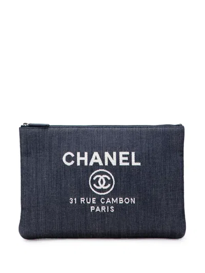 Pre-owned Chanel 2015-2016 Large Denim Deauville O Case Clutch Bag In Blue