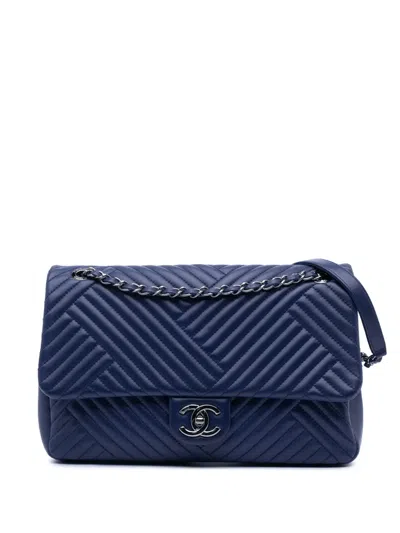 Pre-owned Chanel 2015-2016 Large Lambskin Cc Crossing Flap Shoulder Bag In Blue
