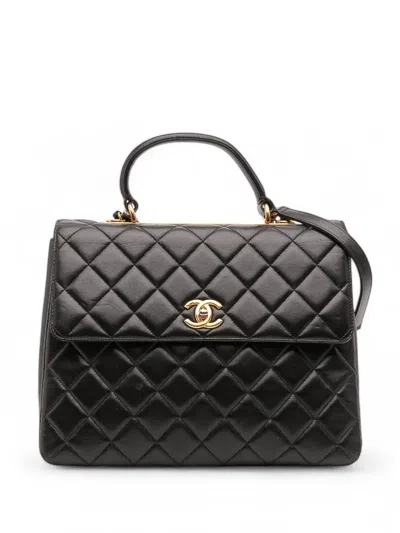 Pre-owned Chanel 2015-2016 Large Lambskin Trendy Cc Top Handle Flap Satchel In Black