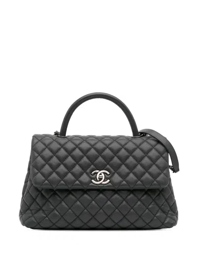 Pre-owned Chanel 2015-2016 Large Quilted Caviar Coco Top Handle Bag Satchel In Gray