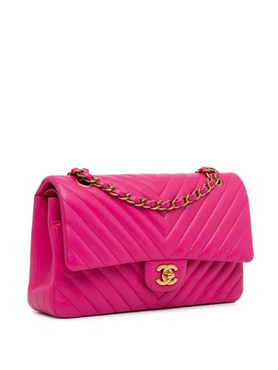 Pre-owned Chanel 2015-2016 Medium Chevron Lambskin Double Flap Shoulder Bag In Pink