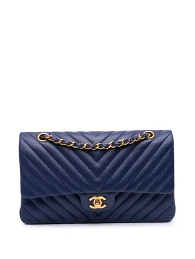 Pre-owned Chanel 2015-2016 Medium Classic Chevron Lambskin Double Flap Shoulder Bag In Blue