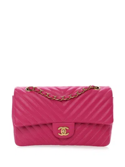 Pre-owned Chanel 2015-2016 Medium Classic Chevron Lambskin Double Flap Shoulder Bag In Pink