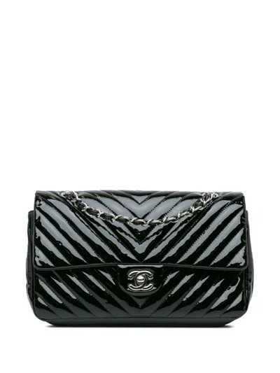 Pre-owned Chanel 2015-2016 Medium Classic Chevron Patent Double Flap Shoulder Bag In Black