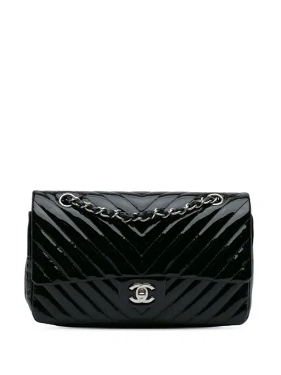 Pre-owned Chanel 2015-2016 Medium Classic Chevron Patent Double Flap Shoulder Bag In Black
