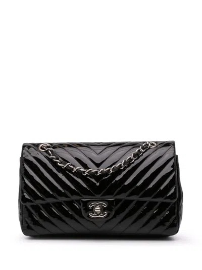 Pre-owned Chanel 2015-2016 Medium Classic Chevron Patent Double Flap Shoulder Bag In Black