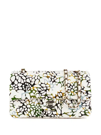 Pre-owned Chanel 2015-2016 Medium Classic Chevron Tweed Floral Double Flap Shoulder Bag In White