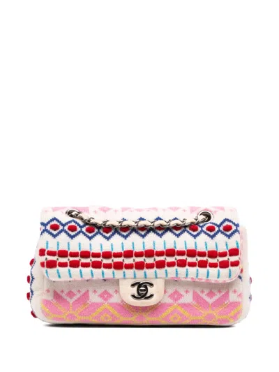 Pre-owned Chanel 2015-2016 Medium Classic Multicolor Cashmere Knit Single Flap Shoulder Bag In White