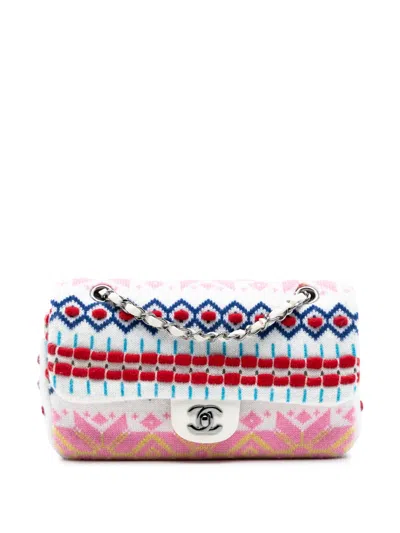 Pre-owned Chanel 2015-2016 Medium Classic Multicolor Cashmere Knit Single Flap Shoulder Bag In White