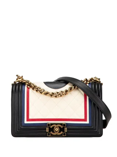 Pre-owned Chanel 2015-2016 Medium Multicolor Lambskin Crest Boy Flap Crossbody Bag In White
