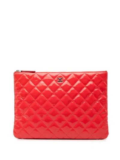 Pre-owned Chanel 2015-2016 Medium Patent Quilted Cosmetic Case Clutch Bag In Red