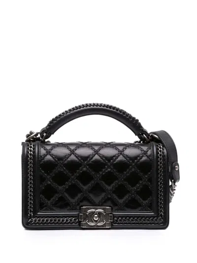 Pre-owned Chanel 2015-2016 Medium Quilted Calfskin Whipstitch Chain Around Boy Top Handle Flap Satchel In Black
