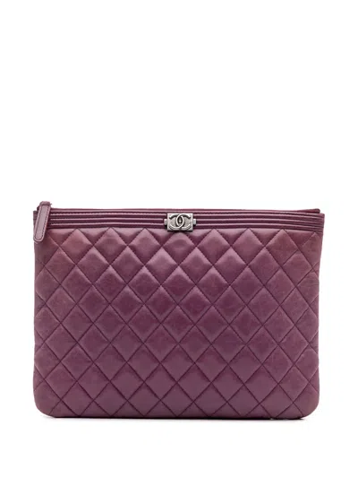 Pre-owned Chanel 2015-2016 Medium Quilted Lambskin Boy O Case Clutch Bag In Purple