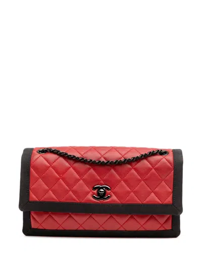 Pre-owned Chanel 2015-2016 Medium Quilted Lambskin Grosgrain Two Tone Flap Shoulder Bag In Black