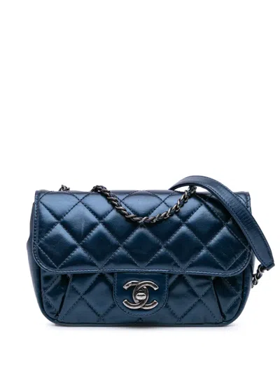 Pre-owned Chanel 2015-2016 Mini Quilted Calfskin Coco Pleats Chain Flap Crossbody Bag In Blue