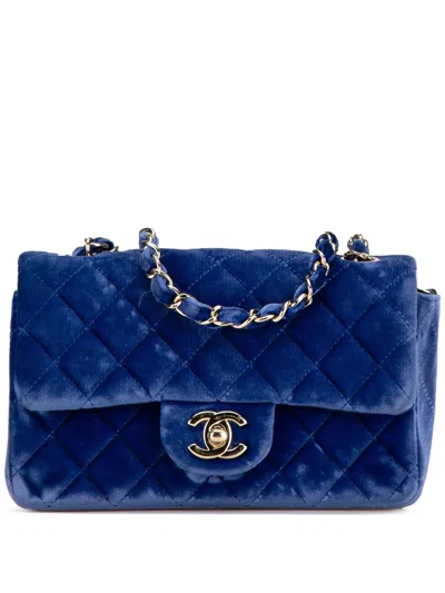 Pre-owned Chanel 2015-2016 Mini Rectangular Classic Velvet Single Flap Crossbody Bag In Blue