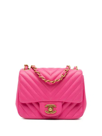 Pre-owned Chanel 2015-2016 Mini Square Classic Chevron Lambskin Flap Crossbody Bag In 粉色