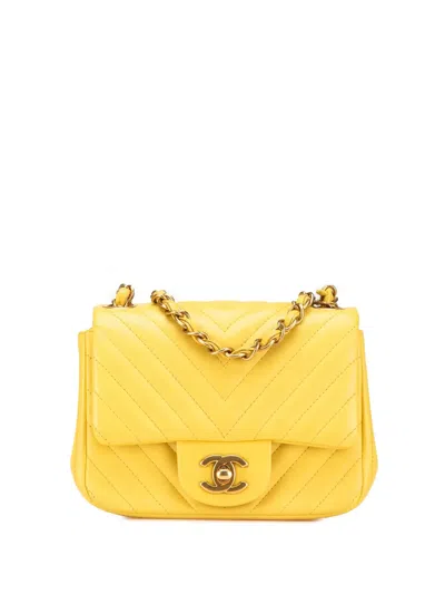 Pre-owned Chanel 2015-2016 Mini Square Classic Chevron Lambskin Single Flap Crossbody Bag In Yellow