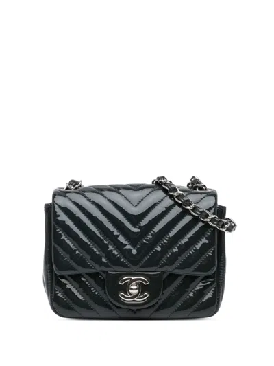 Pre-owned Chanel 2015-2016 Mini Square Classic Chevron Patent Flap Crossbody Bag In Blue