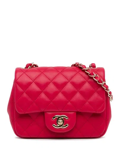 Pre-owned Chanel 2015-2016 Mini Square Classic Lambskin Single Flap Crossbody Bag In Red