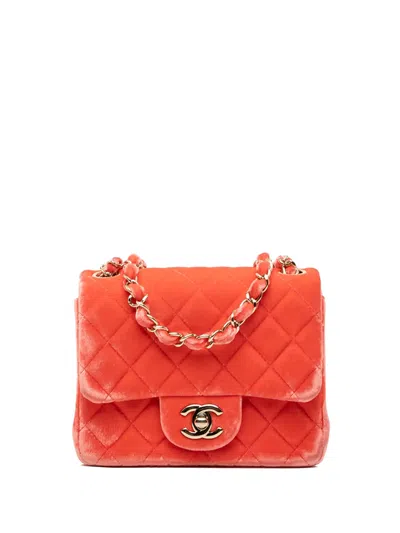 Pre-owned Chanel 2015-2016 Mini Square Classic Velvet Single Flap Crossbody Bag In Orange