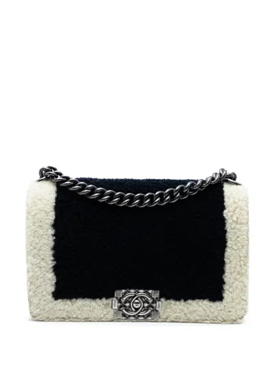 Pre-owned Chanel 2015-2016 Old Medium Bicolor Shearling Boy Flap Crossbody Bag In Black