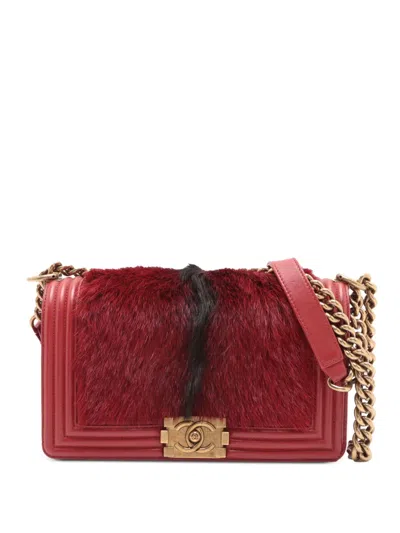 Pre-owned Chanel 2015-2016 Old Medium Lambskin And Fur Boy Flap Crossbody Bag In Red