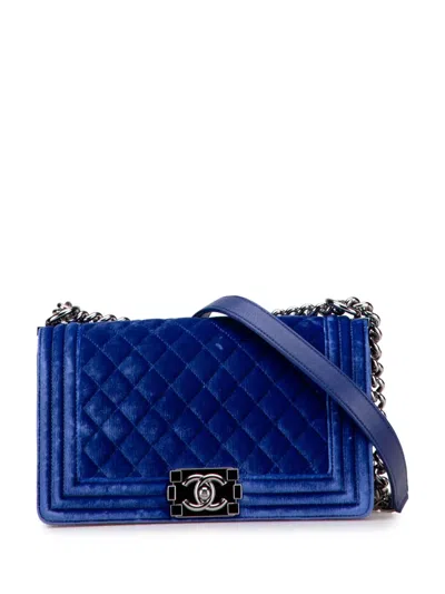 Pre-owned Chanel 2015-2016 Old Medium Quilted Velvet Boy Flap Crossbody Bag In Blue