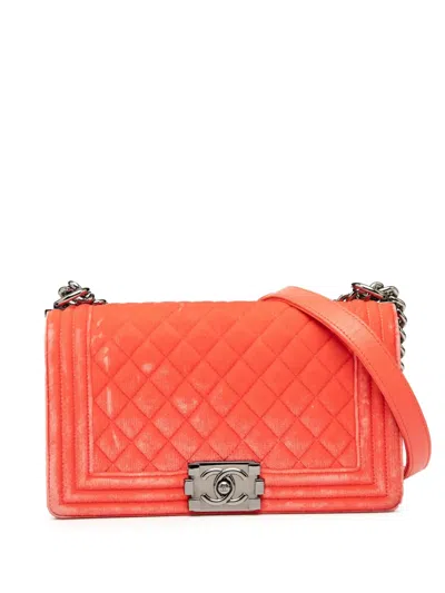 Pre-owned Chanel 2015-2016 Old Medium Quilted Velvet Boy Flap Crossbody Bag In Orange
