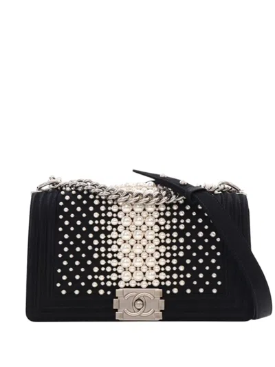 Pre-owned Chanel 2015-2016 Old Medium Satin Pearl Embellished Boy Flap Crossbody Bag In Black