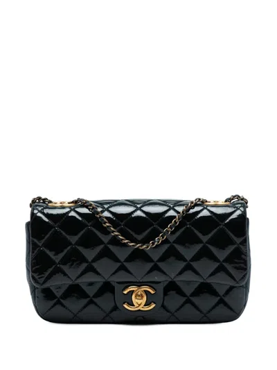 Pre-owned Chanel 2015-2016 Paris-salzburg Medium Patent Goatskin Cc Eyelet Flap Crossbody Bag In Blue