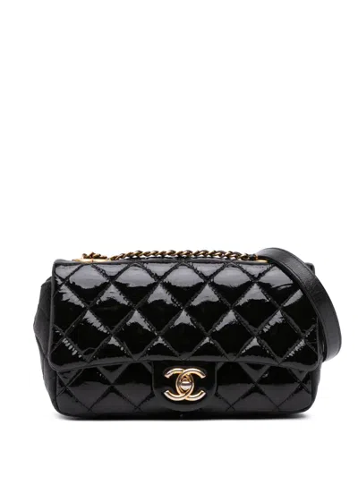 Pre-owned Chanel 2015-2016 Paris-salzburg Small Patent And Goatskin Cc Eyelet Flap Crossbody Bag In Black